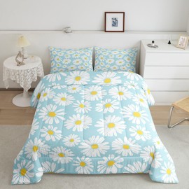 Manfei White Daisy Kids Comforter Set Queen Size,Flowers Plants Rustic Farmhouse Bedding Set,Girls Boys Adults Room Decor,Botanical Romantic Down Comforter,Blue Dreamy Duvet Insert,2 Pillowcases