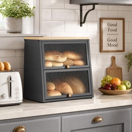 Urackify Bread Box for Kitchen Countertop – 2-Tier Bread Storage Container, Metal Breadbox with Acrylic Wavy Door, Wood Top, Magnetic Seal, Anti-Slip Base, 14.96x9.84x13.78 inch, Black