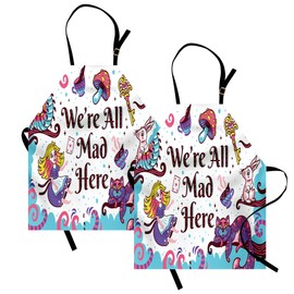 Ambesonne Alice in Wonderland Apron Pack of 2, We Are All Mad Here Words with Caterpillar White Rabbit Cheshire Cat, Unisex Kitchen Bib with Adjustable Neck, 2 Pcs - Adult Size, Purple Blue