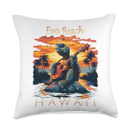 Cute Tropical Ewa Beach Hawaii Sea Turtle Ukulele Souvenir Throw Pillow