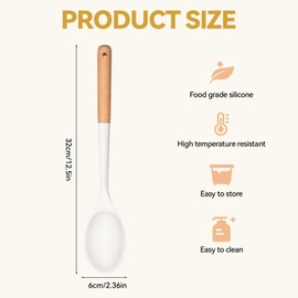 Silicone Cooking Spoons Large 13 inch Mixing Spoons Solid Wooden Handle Heat Resistant Nonstick Cooking Spoon for Stirring, Basting, and Serving