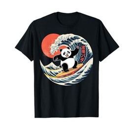 Surfing Panda Riding The Wave with Sunset T-Shirt