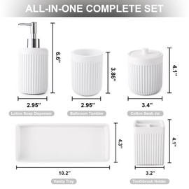 XLHOMO Resin White Bathroom Accessories Set 5 Pcs, Lotion Soap Dispenser, Toothbrush Holder, Bathroom Tumbler, Qtip Holder and Vanity Tray, Bathroom Countertop Organizer Set for Modern Home Apartment