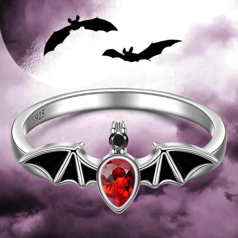 Halloween Black Bat Rings for Women Sterling Silver Gothic Jewelry