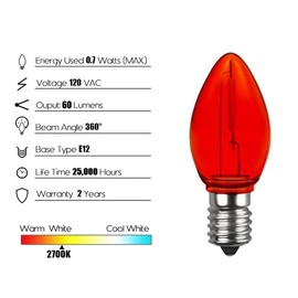 VENUSOP 25 PCS C7 Red E12 Candelabra Base Shatterproof Plastic Replacement Bulbs, Vintage Clear Dimmable LED Light Bulbs for Outdoor Indoor Backyard Christmas String Lights (red)