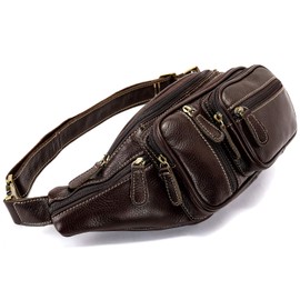 Genuine Leather Large Fanny Pack Waterproof Hip Belt Bag Cowhide Waist Bag Crossbody Sling Backpack Coffee