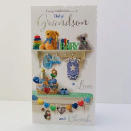 Jonny Javelin Congratulations Grandson to Love and Cherish New Baby Card - Toys On Shelf