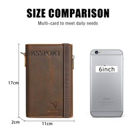 Handadsume Thick Crazy Horse Leather Functional RFID Blocking Passport Holder Case Travel Bifold Snap Chain Security Wallet for Men Male 2801, 2801 Brown, Retro