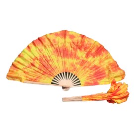 Winged Sirenny Pairs Short Silk Flutter Folding Fan for Worship and Chinese Folk Dance Performance, 4" Silk over 12" Bamboo (Flame)