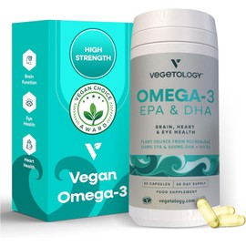Vegetology, Vegan Omega 3 Capsules High Strength, 800mg of EPA DHA from Algae Oil, with Added Vitamin D3, Supports Heart, Brain Function and Eye Health, 60 Capsules, UK Made