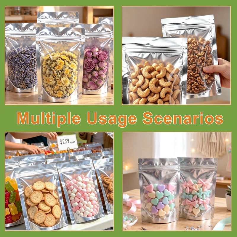 200Pcs Mylar Bags with Window 10"x14"Resealable Stand Up Mylar Bag