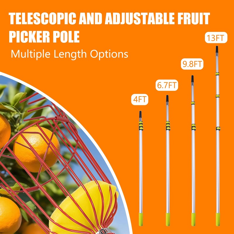 WodGod 13FT Telescopic Fruit Picker with Wire Basket and Bag