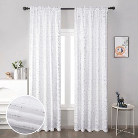 Taisier Home Silver Foil Print Linen Textured Curtains Geometric Dots Pattern Design Curtains for Nursery Toy Room Thermal Insulated Window Treatment 2 Panels 63" L,White and Silver Curtains Print