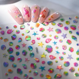 4 Sheets 5d Embossed Marine Life Nail Decals Colorful Seashell Starfish Nail Stickers Summer Blue Jellyfish Whale Starfishes Nail Art Stickers Self-Adhesive Ocean Theme Nail Decoration for Women Girls