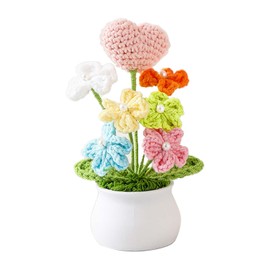 Knitting Crochet Flowers Potted Plants, Fake Forget Me Not Flowers and Knitted Heart for Friends, Family and Lover, Artificial Handmade Flowers for Birthday Valentine's and Home Decor (Pink)