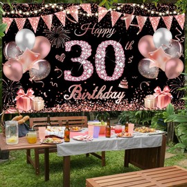 Happy 30th Birthday Banner for Women Black Rose Gold Large Birthday Photo Backdrop Photography Background 30th birthday Party Supplies, 30th birthday Banner Party Decoration for Garden Wall Table