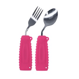 EZ Assistive Adaptive Spoon & Fork Easy to Hold for Independent Eating, Weighted Utensils for Hand Tremors (Left Hand - 1 Set DeepPink Spoon and Fork)