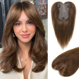 LONAI Real Human Hair Topper, 10 Inch 100％ Human Hair Toppers for Thinning Hair, Large Hand-woven area Coverage Natural Hairpiece Wiglet for Women Daily 5"x3.5" Silk Base-Medium Brown