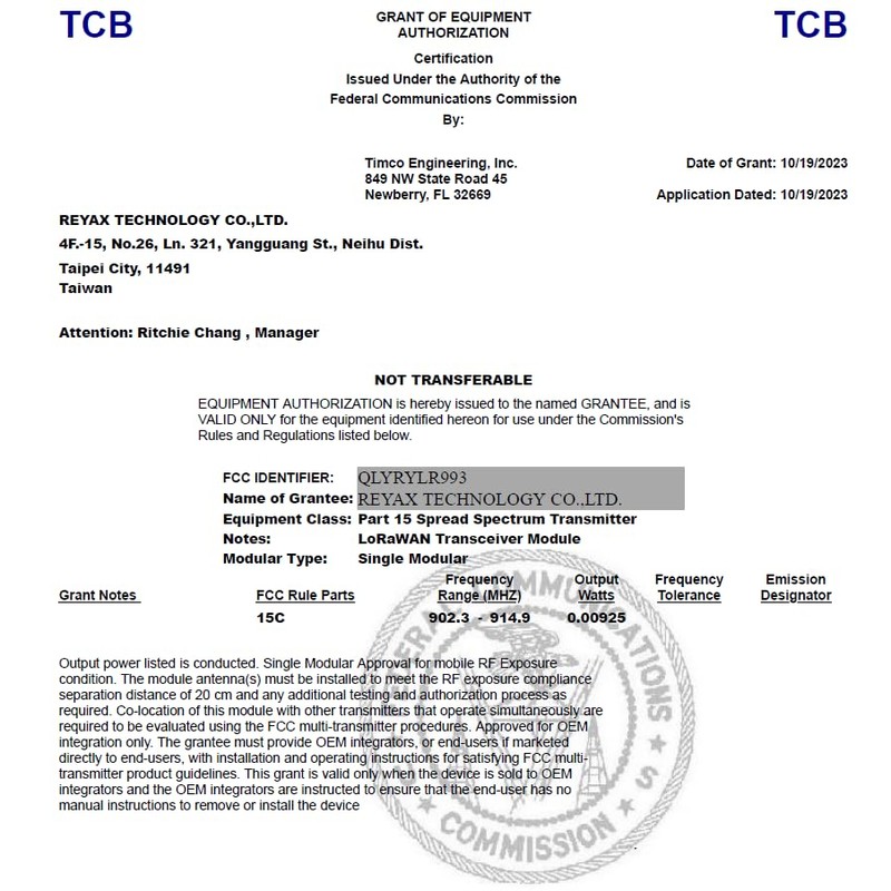 REYAX RYLR993 868/915MHz LoRaWAN® & Proprietary Dual Mode Transceiver LoRa