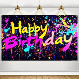 HOMETITUTE Graffiti Neon Happy Birthday Banner Backdrop Neon Decorations For Glow Party Glow in The Dark Photography Backdrops Graffiti Splash Paint Kids Birthday Supplies UV Blacklight 71x43 Inch