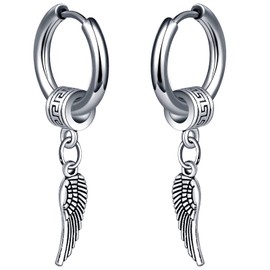 MicVivien Hoop Earrings Huggie Earrings with Leaf Feather Angel Wings Hanging Pendant Stainless Steel Feather Pendant Stud Earrings for Men Women Girls, Stainless Steel