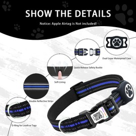 Reflective Airtag Dog Collar with QR Code, Waterproof Airtag Holder, Soft Padded, Safety Locking Buckle, Durable, Adjustable & Free Pet Online Profile (Blue,M)