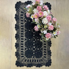 Phantomon Lace Table Runner Rectangular Floral Table Cover Cloth Handmade Crochet Floral Placemats 100% Cotton (Floral Black, 15x28Inch)