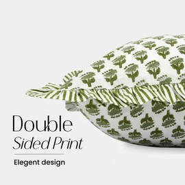 CPC Emerald Green 100% Cotton Block Print Ruffle Sham Cover 14x36 inch, Handmade Boho Floral Pillowcase, Farmhouse Cottagecore Bedding, Soft Decorative Cushion Cover for Bedroom Décor