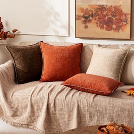 ANRODUO Pack of 2 Rust Chenille Throw Pillow Covers 18x18 Inch Farmhouse Decorative Pillow Covers with Stitched Edge Soft Throw Pillows for Couch Sofa Bed and Living Room Fall Boho Home Decor