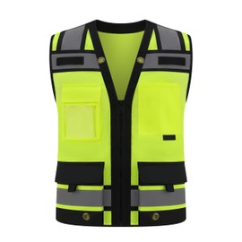 Gasoline Class 2 High Visibility Reflective Safety Vests Women & Men With 15 Pockets And Zipper Front,Meets Ansi/Isea Standards (Yellow_body Black Trims, X-Small)