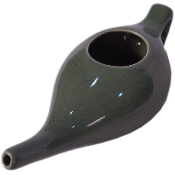 Leak Proof Durable Porcelain Ceramic Neti Pot Holds 230ml Water Comfortable Grip | Eco Friendly Natural Treatment Against Sinuses and Constipation (Olive Green Mat)