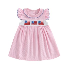 Toddler Baby Girl 4th of July Dress Flutter Sleeve American Flag Embroidery Plaid Smocked A-line Dress (Red, 3-4 Years)