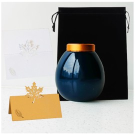 Small Egg Shape Ceramic Urn for Human or Pet Ashes Keepsake Cremation Urns with Souvenir Cards Decorative Funeral Urn,Blue