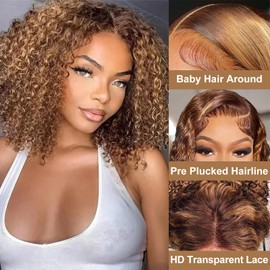 RMOARIWR Highlight 4/27 Bob Wig Human Hair 180% Density 4x4 HD Transparent Lace Front Wigs Human Hair Pre Plucked Short Bob Glueless Water Wave Wigs Human Hair for Black Women 10 Inch