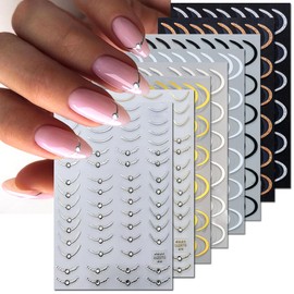 8Sheets French Line Nail Stickers, 3D Sticker for Nail Art Gold Silver White Lines Adhesive Tapes Stripes Swirl with Diamond Nail Design Curved Gel Nail Art Sliders Polish Manicure Tip Nail Decoration