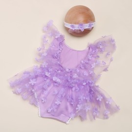 Ylsteed Newborn Photography Outfits Girl Newborn Photography Props Lace Romper with Handmade Headband Newborn Infant Photo Shoot Outfits Girls Photo Props Full Flower-Purple