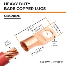 SELTERM 25pcs 2/0 AWG 1/2" Stud Battery Lugs, Ring Terminals, Heavy Duty Copper Wire Lugs, Battery Cable Ends, 00 Gaug Ring Terminal Connectors, UL Bare Copper Eyelets Electrical Battery Cable Lugs