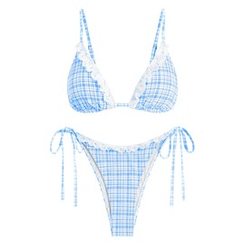 ZAFUL Women's Triangle Bikini Lace Frilled Ruffles Gingham Print Tie Side Spaghetti Strap Swimsuit 2 Pieces Bathing Suits (3-Blue, M)