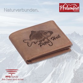 FFelsenfest Wallet with Engraving Carp Petri Heil Motif I Angler Fischer, brown, Vintage