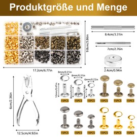 Deepton Leather Rivets Set, 180 Sets Leather Rivets with Riveting Pliers and Hole Pliers, 12 mm, 8 mm, 6 mm Hollow Rivets, Rivet Set with Tool, Rivet Pliers for DIY Leather, Clothing and Crafts