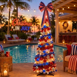 Vicenpal 16 Pcs Summer Christmas Tree Decorations 5ft Pop up Lighted Tree with 30 LED Lights 12 Balls Ornaments Bow Topper Red White Blue Tinsel Collapsible for Summer Pool Party
