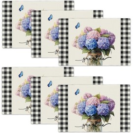 Farmhouse Hydrangea - Juego de 6 manteles individuales con diseño de flores de sol de campo, manteles individuales lavables para cocina, comedor, 18 x 12 pulgadas de ancho