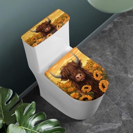ZOUTAIRONG Sunflower Cow Toilet Seat Cover Highland Cattle Toilet Lid Cover and Toilet Tank Cover Set Bathroom Toilet Cover Replacement Portable Toilet Seat Covers