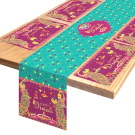 DPKOW Diwali Decorations for House, Diwali Table Runner Place Mat Set, Fabric Washable Diwali Tablecloth Place Mat Deepavali Table Runner Indian Rangoli Decorations Dining Table Diwali Party Supplies