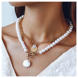 Andelaisi Boho Layered Pearl Choker Necklace Vintage Pearl T Bar Necklace Gold Coin Paperclip Necklace Pearl Multilayered Thick Chain Necklace Jewelry for Women