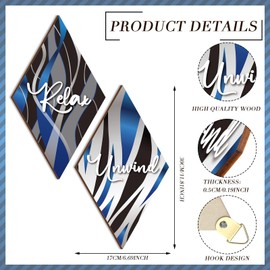 FairySandy 4 Pieces Bathroom Wall Decor Relax Soak Unwind Breathe Wall Art Gray Blue Black Stripes Wood Hanging Sign Wooden Wall Decoration Farmhouse Vintage Wood Plaque for Home Spa Room Laundry