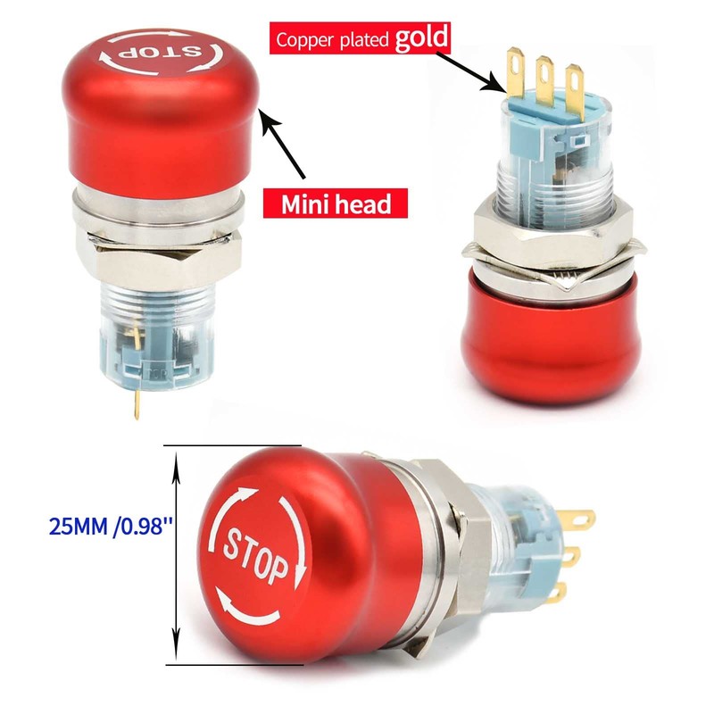 16mm /0.63" Latching Emergency Stop Push Button Switch SPDT Mushroom