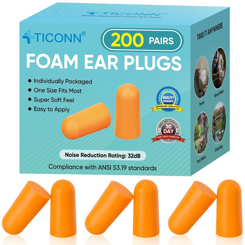 TICONN 200 Pairs Ear Plugs, 32dB Noise Reduction Earplugs for