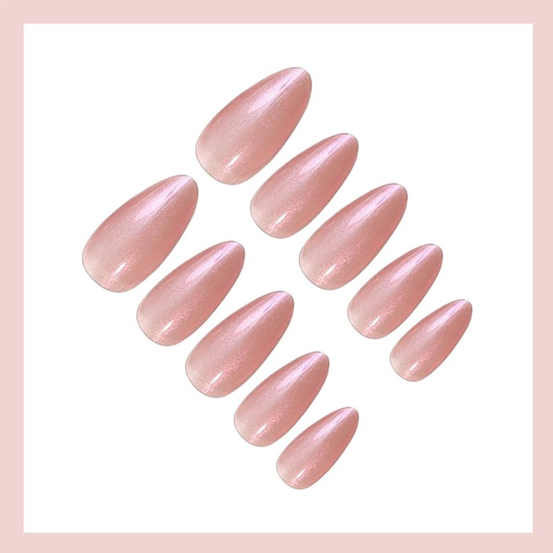 Almond Press on Nails Pink Chrome Fake Nails Glossy Pearl