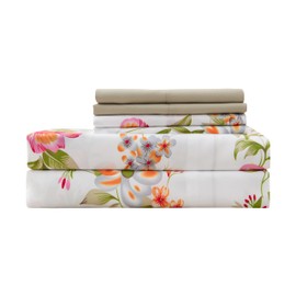 Full Size Bed Sheets Set Deep Pockets - 6PC Floral Ultra Soft Microfiber Bed Sheets - Easy to Clean, 90 Thread Count Sheets Includes 1 Fitted, 1 Flat, 2 Pillowcases (Pink/Green Floral)